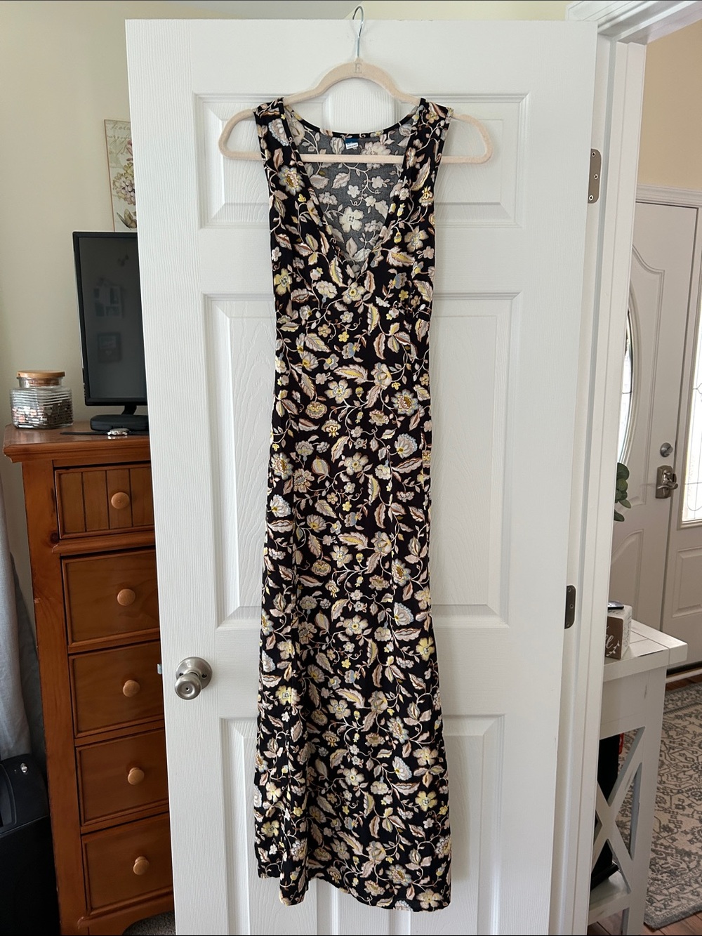 Old Navy Black Floral V-Neck Maxi Dress with Yellow Accents